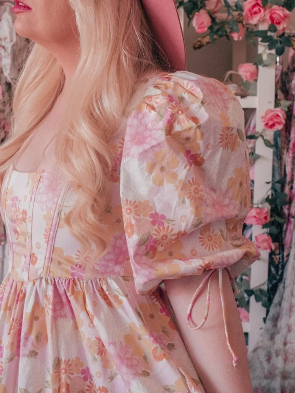 Love & Lemons Carrie Midi Dress Floral Corset Puff Sleeve Cottagecore coquette